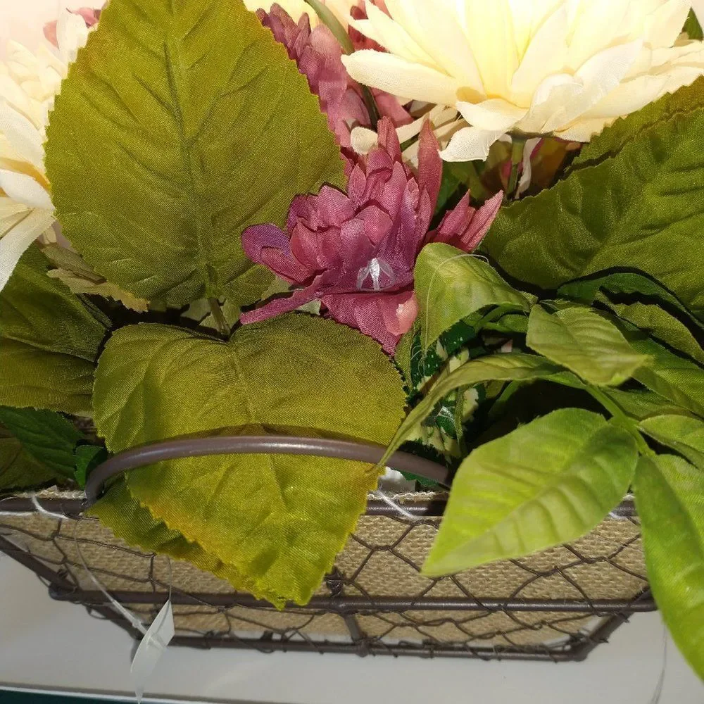 Hand Crafted Floral Table Centerpiece Fall Chrysanthemum Mauve White Basket